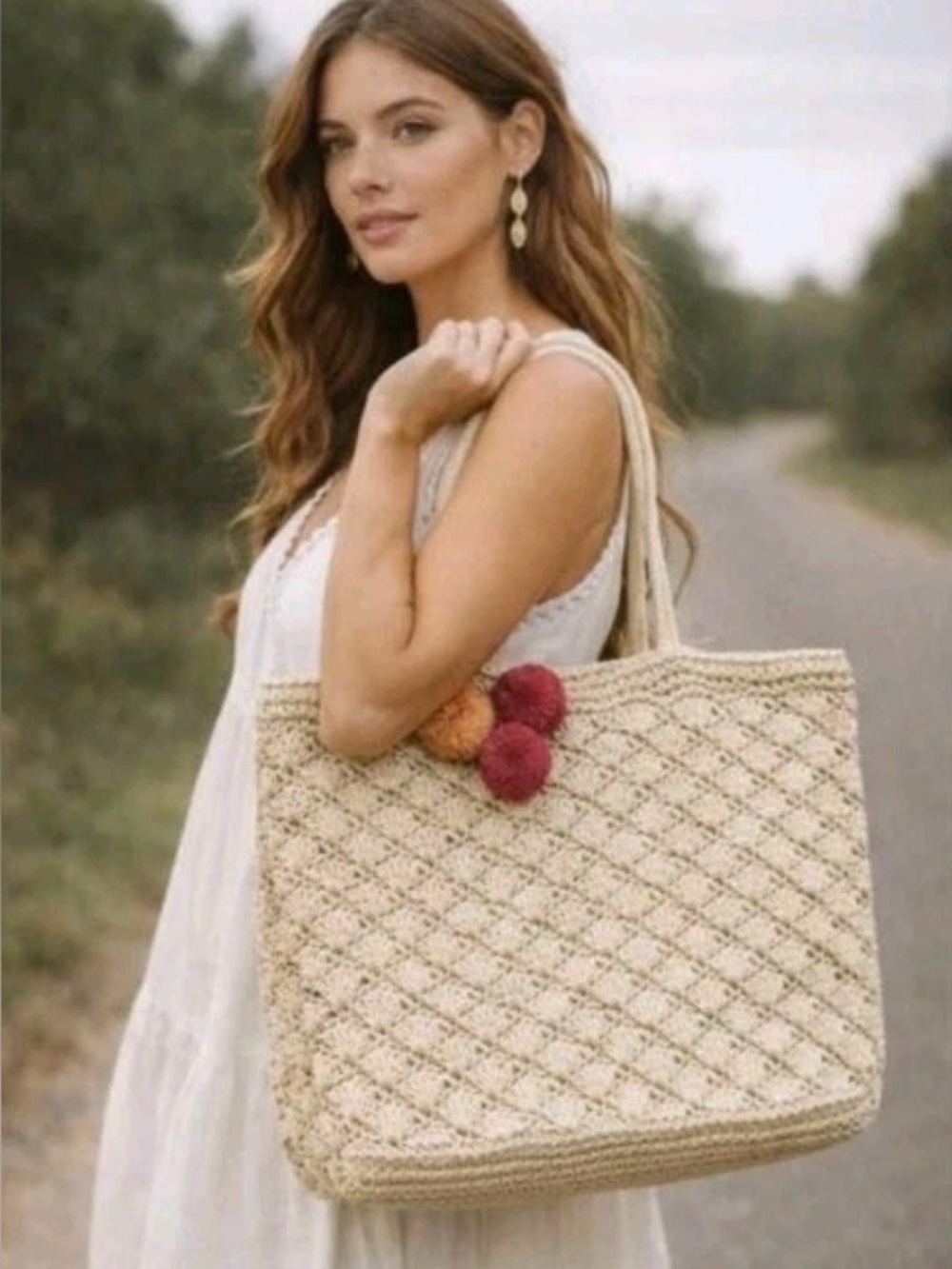 Haute Hippie Raffia Straw Pink Pom Pom Boho Beach Pool Summer Vacation Tote Bag